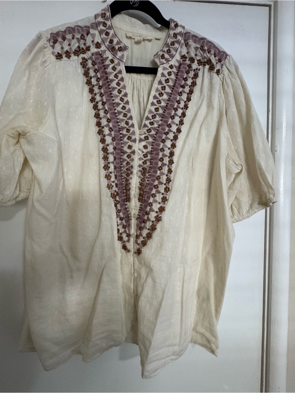 Cream Embroidered Boho Tunic with Mauve Accents